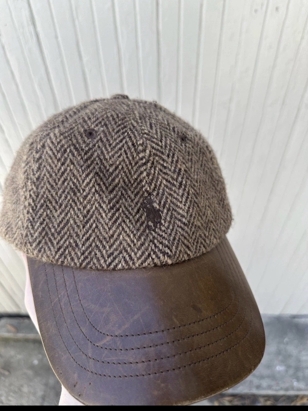 Polo by Ralph Lauren Brown Herringbone Wool Cap with Leather Brim